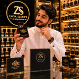 Man holding a Zavva Scent's perfume bottle in a store setting