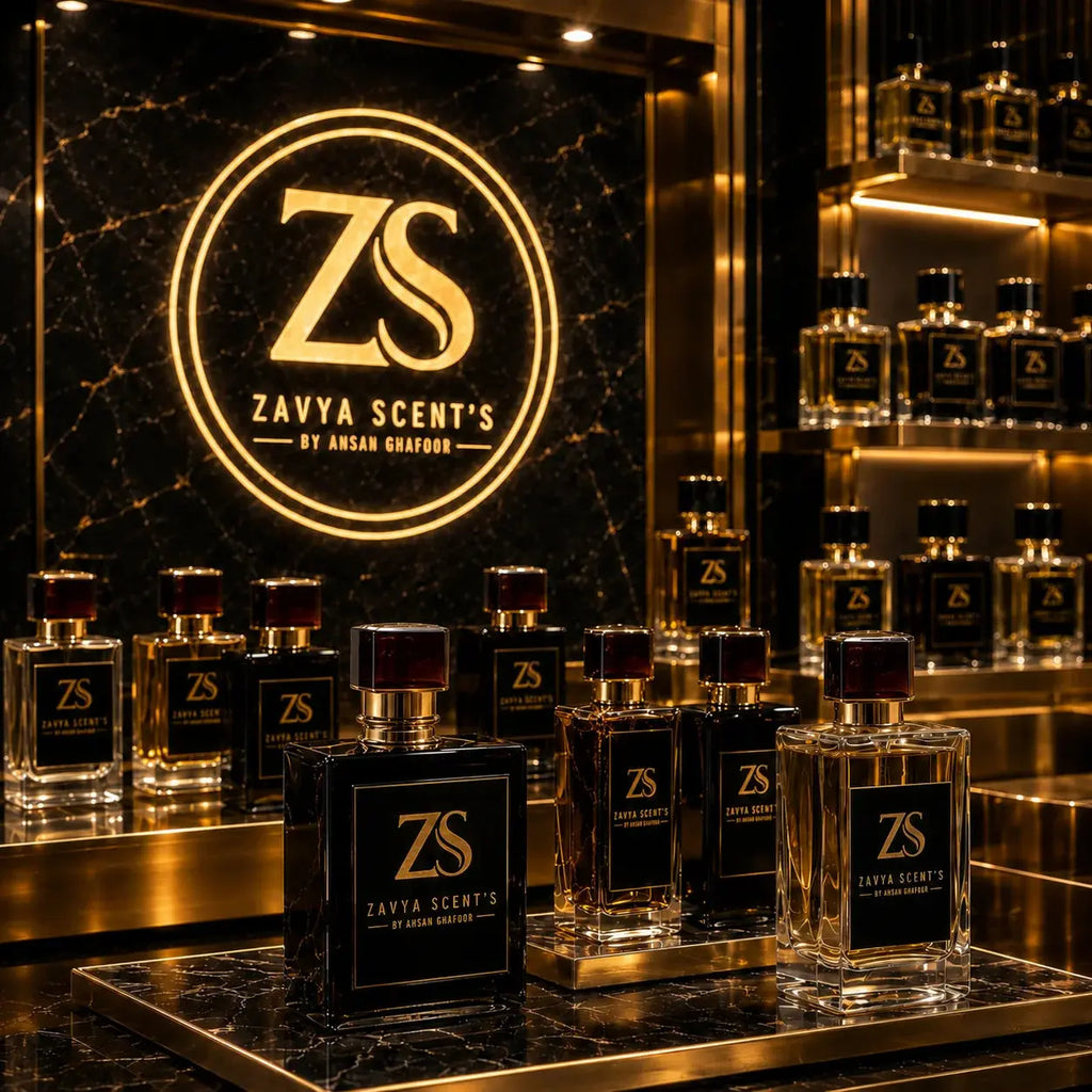 Zaya Scent's perfume bottles on a reflective surface with a dark marble background.