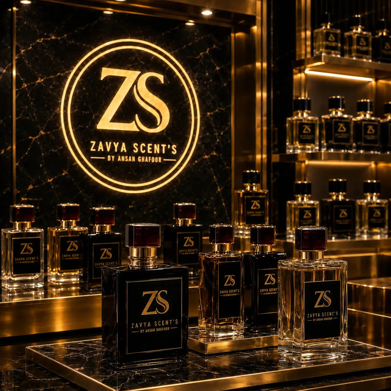 Zaya Scent's perfume bottles on a reflective surface with a dark marble background.