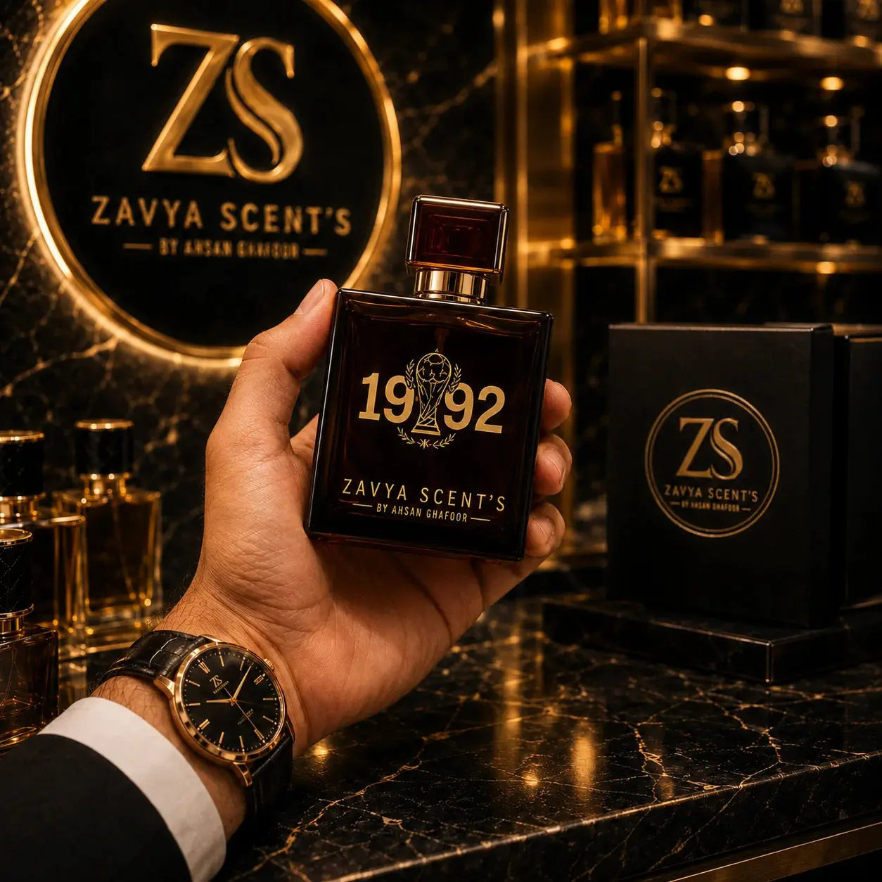 Hand holding a Zavya Scent's perfume bottle with brand logo in the background